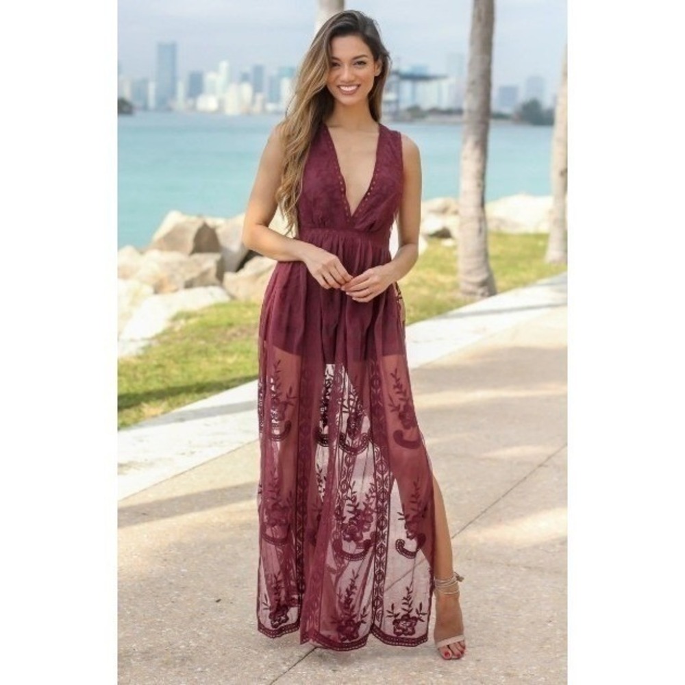 Wishlist Festival Maxi Dress Burgundy Lace Romantic Romper Vamp Whimsigoth S - Picture 3 of 8